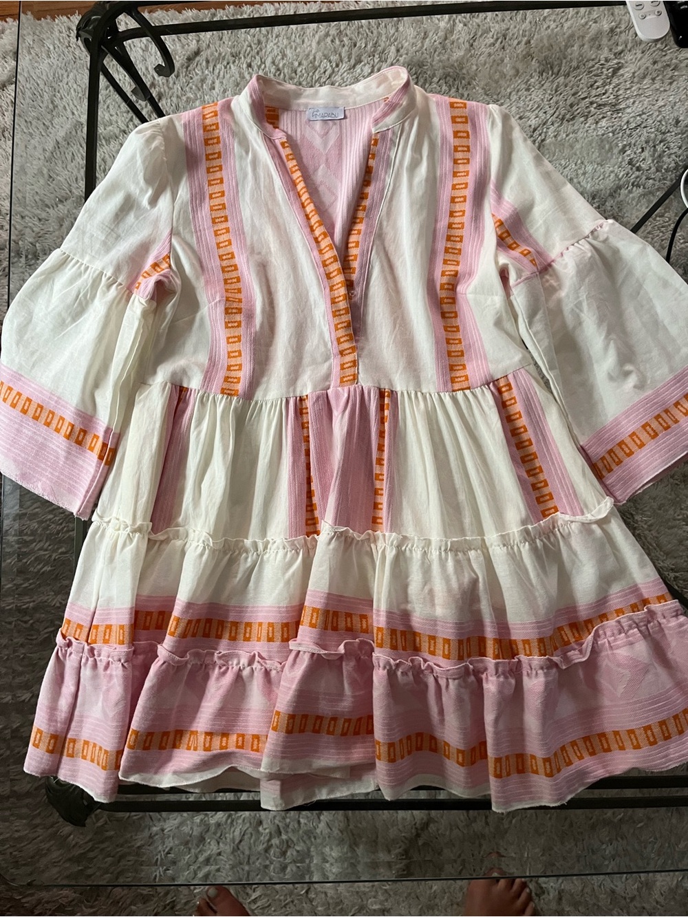 Marabu Women’s Pink & White Tiered Cotton Dress with Orange Trim - Picture 2 of 10